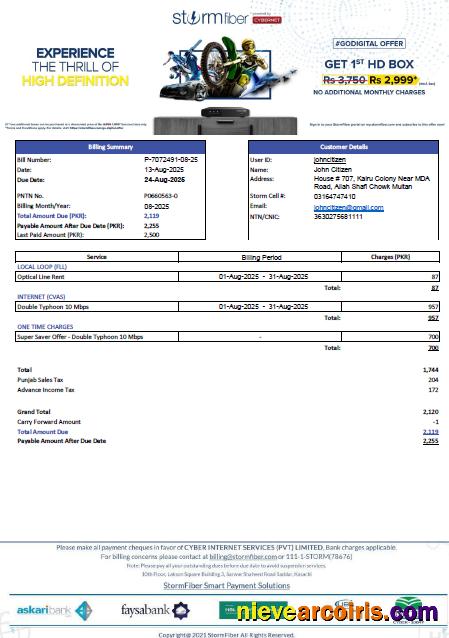 Pakistan StormFiber utility bill